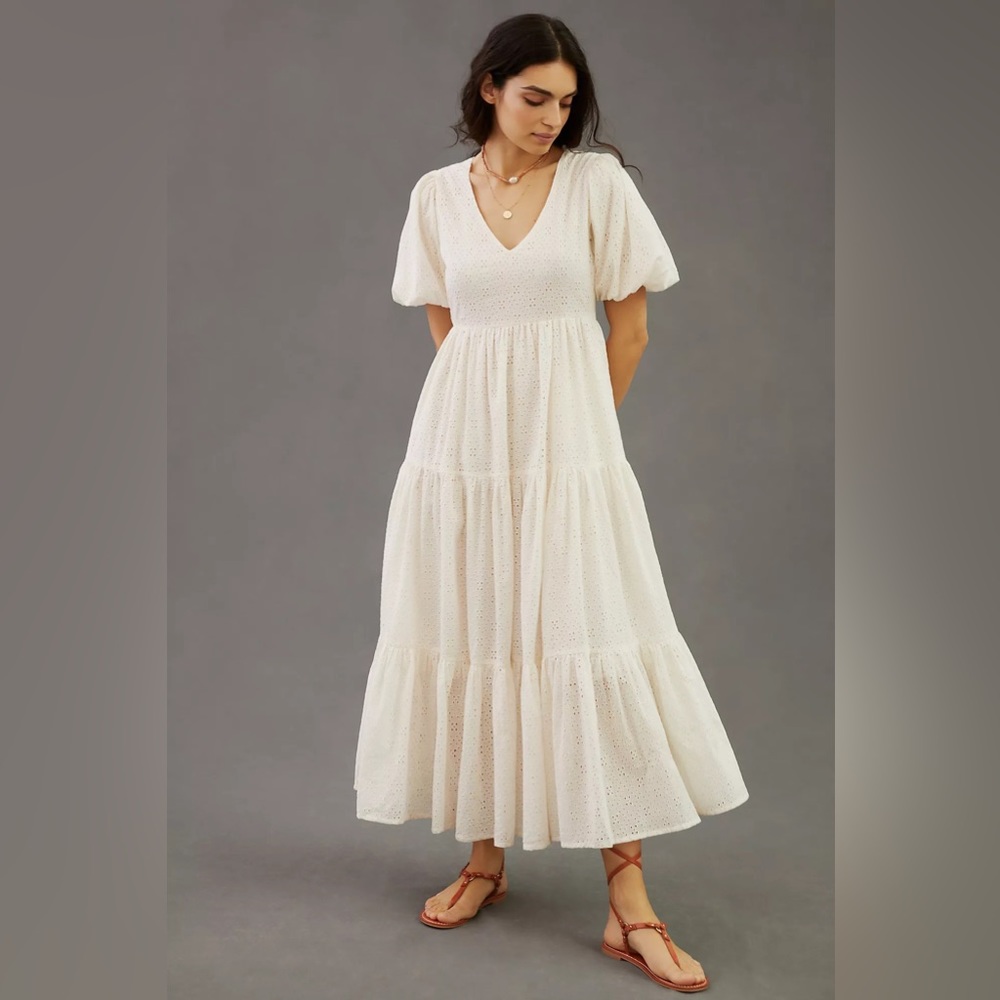 MOTHER Cotton Eyelet Puff Sleeve V-Neck Maxi Dress